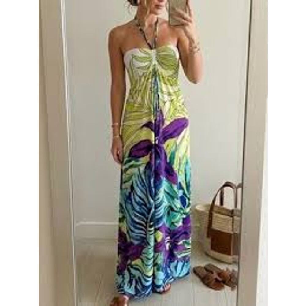 Cache Halter Maxi Dress Green Blue Purple Tropical Floral Beaded Smocked S Y2K